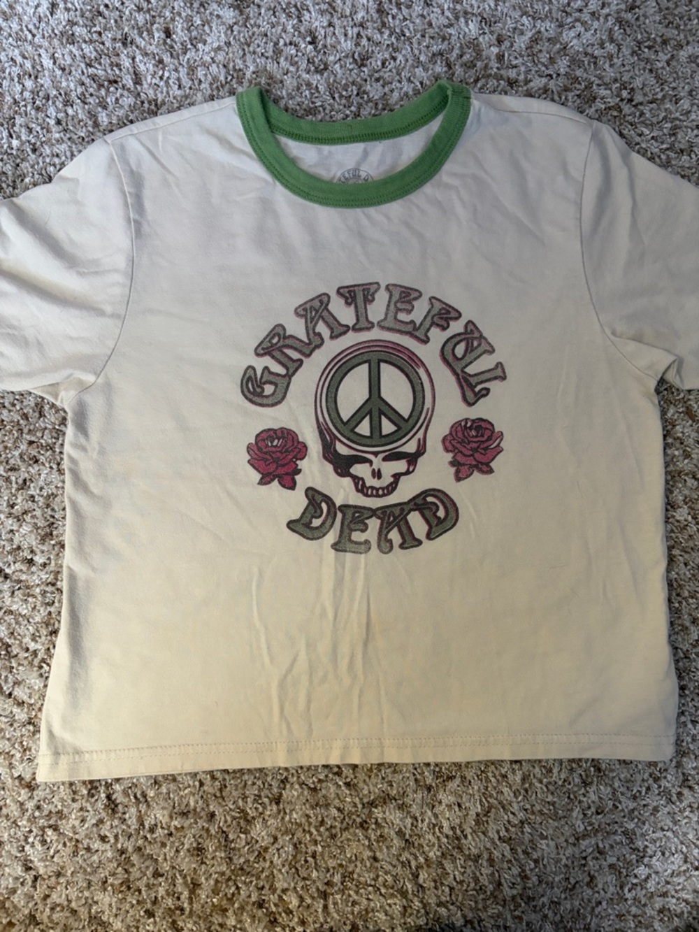 Grateful Dead Kids Cream Tee with Green Trim and Rose Skull Graphic
